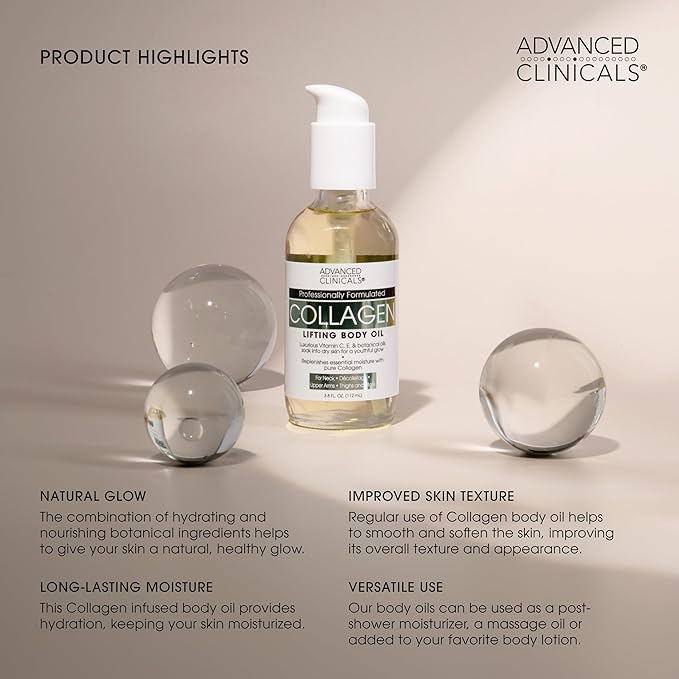 Advanced Clinicals Hydrating Collagen Oil For Body & After Shower | Visible Anti Aging Skincare Moisturizer Collagen Body Oils For Women & Men Helps Soften Appearance Of Crepey Skin, Large 12 Fl Oz