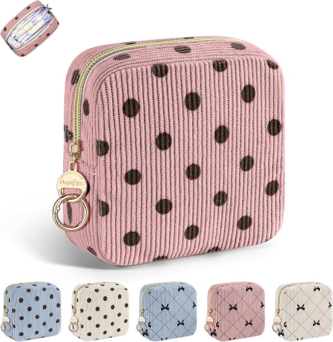 Period Bag for Teen Girls, Corduroy Cute Sanitary Napkin Storage Bag, Menstrual Pad PouchesTampon Holder for Purse (Pink-Polka Dot)