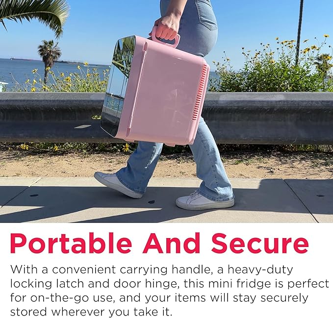 FRIGIDAIRE Mini Personal Fridge Cooler, LED Lighted Mirror, 6.5L Capacity, 9 Cans, 100% Freon-Free & Eco Friendly, for Makeup, Skincare, Portable, Pink