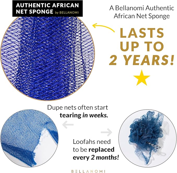 BELLANOMI African Net Sponge - Authentic Sapo Exfoliating Net, Ethically sourced from Nigeria, 45" Long Back Scrubber, Quick Dry Loofah Alternative for Gentle Exfoliation Daily Use