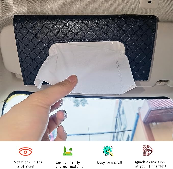 Car Sun Visor Tissue Holder, Car Napkin Holder, Premium PU Leather, Mask Holder for Sun Visor Vehicle, with Tissue Refill, Black