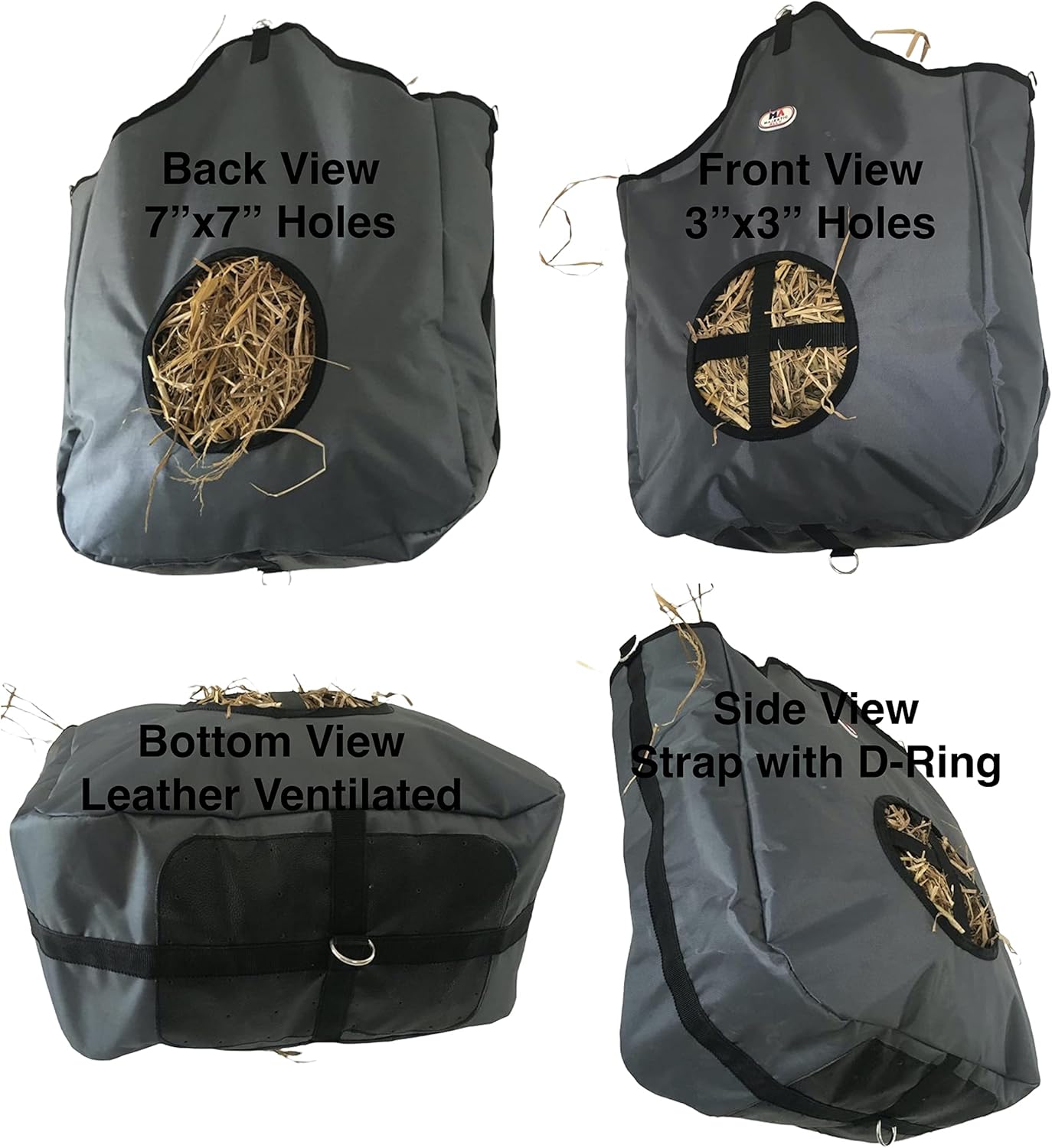 Majestic Ally Nylon Hay Feeder Tote Bag for Horse, Goat, Sheep - Double Sides Open Feed Hole with Faux Leather Ventilated Bottom- Premium Quality -Simulates Grazing - Reduces Waste (Dark Gray)