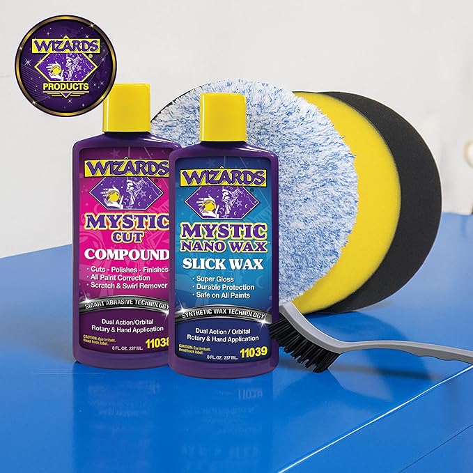 Wizards Buffing Polisher Kit – Foam Cutting Polishing Pads with Wax and Compound - Car Auto Body Scratch Remover - Orbital Buffer Attachment for Painted Surfaces - Paint Correction and Polishing