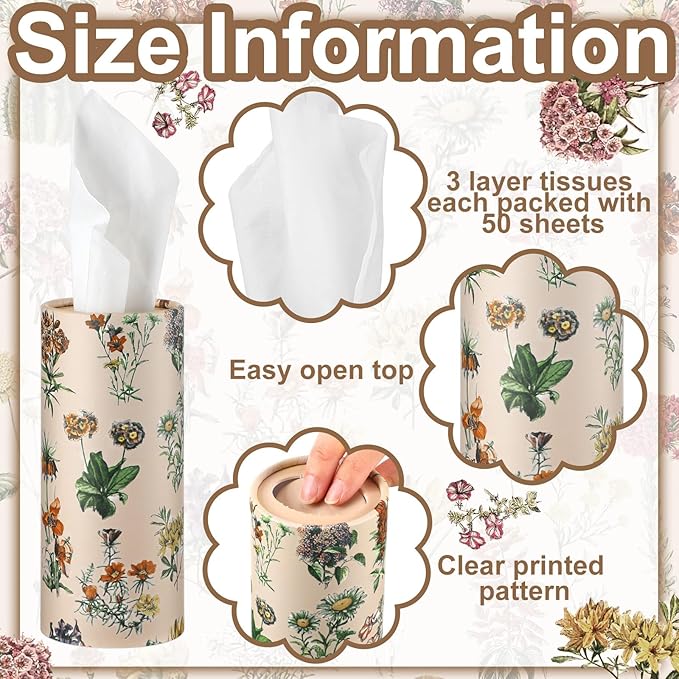 Zonon 8 Pcs Car Tissues Holder Round Box with Facial Tissue Bulk Boho Flower Car Tissues Cylinder with 50 Sheets Face Towel Fit for Christmas Cube Boxes Vintage Round Tubes Cup Holder Container Travel
