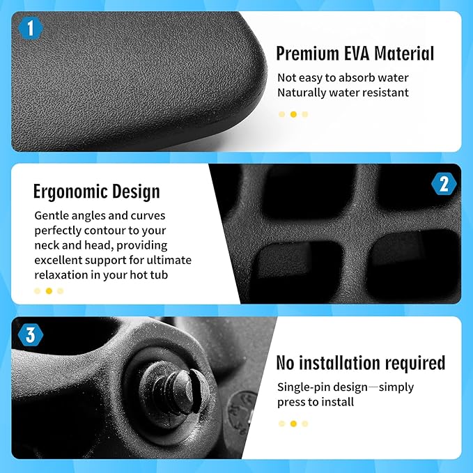 3 Pack Replacement Head Rests for Cal Spas Hot Tubs (2020-2023 Models) | Easy Install, No Tools Needed with Single Pin Design | Black EVA Foam Pillows