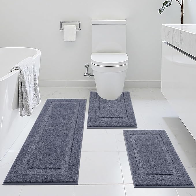 SHACOS Dark Grey Bathroom Rugs Sets 3 Piece, 20"x47" +20"x32" Non Slip Bath Mat and 20"x24" Toilet Rugs U Shaped Washable, Soft Fluffy Water Absorbent Bathroom Floor Mat