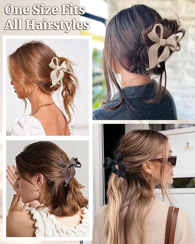 Mesovor 4 pack Cute Bow Claw Clip for Women, Nonslip Large Matte Strong Hold Bows Hair Clips for Thin and Thick Hair | Chic Hair Styling Accessories (4.1" Light Khaki, Dark Khaki, Brown, Black)