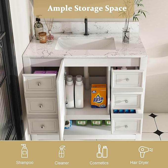 Montary 36" Bathroom Vanity with 37" Artificial Marble Carrara White Top, Modern Stylish MDF Bathroom Storage Cabinet, Freestanding Vanity Set with One Cabinet & 3 Drawers, White (Single Hole)