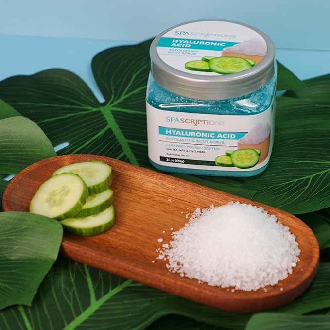 SpaScriptions Hyaluronic Acid Sugar Scrub - Hydrating Body Scrub Exfoliator with Seal Salt & Cucumber, Ideal for Dry & Rough Textured Skin, Helps Support Refershed, Hydrated & Smooth Skin, 21 oz