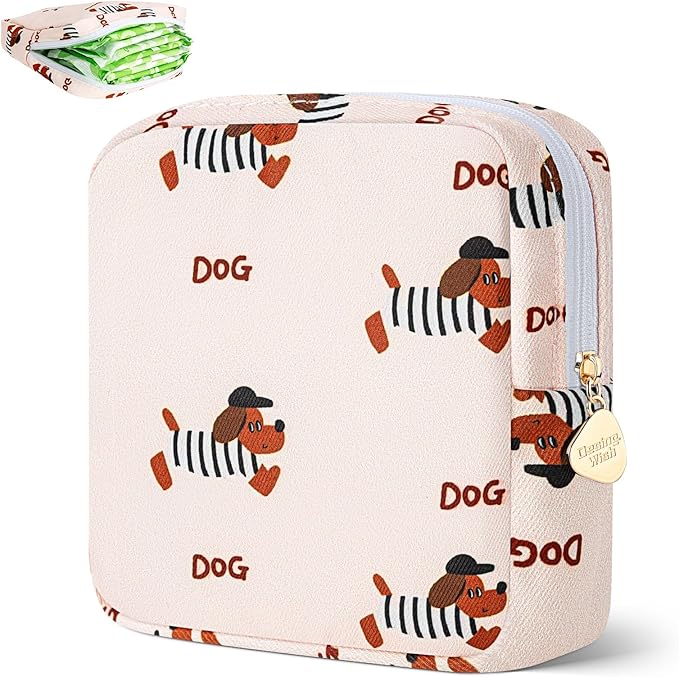 Desing Wish Period Bag Pouch Soft Cloth Sanitary Napkin Storage Bag Portable Menstrual Pad Pouches Tampon Holder for Purse First Period Kit for Girls 9-12 (Black Striped Dog)