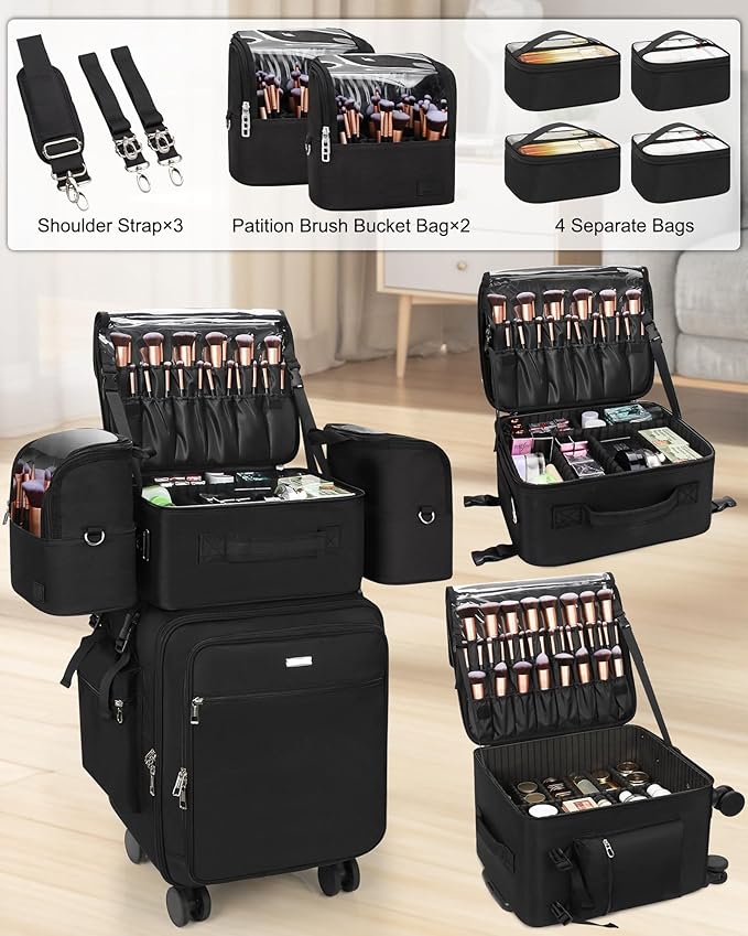 Relavel Rolling Makeup Case Professional Makeup Train Case, Rolling Makeup Kit Bag Makeup Artist Travel Bag with Wheels, 4-in-1 Portable Travel Beauty Trolley Case for Cosmetology Storage(Black)