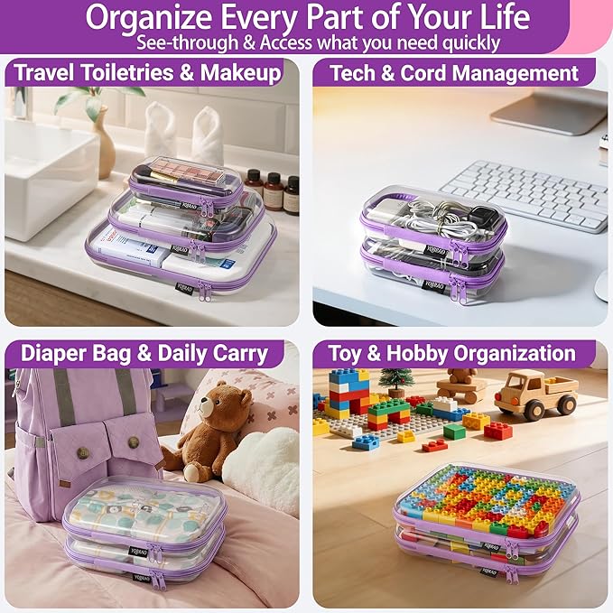 YQBRA 4 Pack Clear Hard Shell Zipper Case, See-Through Hard Plastic Organizer Pouches with Zipper for Travel, Toiletries, Makeup, Toy, Electronics & Pencils - Crush-Resistant Storage (M Purple)