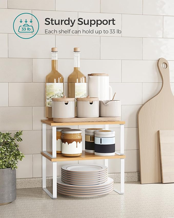 SONGMICS Cabinet Organizer Shelf, Set of 2 Kitchen Counter Shelves, Kitchen Storage, Spice Rack, Stackable, Expandable, Metal and Engineered Wood, Cloud White and Natural Beige UKCS02NW (Pack of 2)