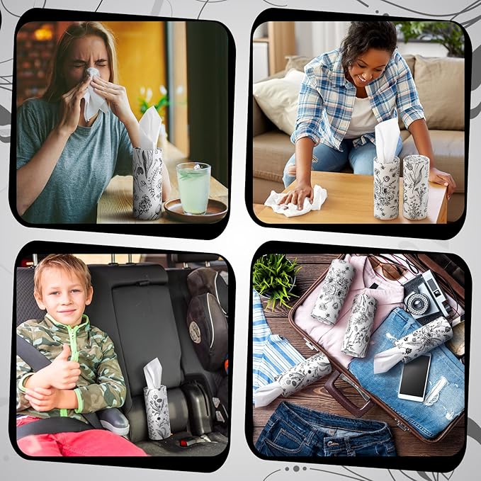 Zonon 4 Pcs Vintage Floral Car Tissue Cylinder with 240 Sheets 3 Ply Facial Tissue Bulk Round Tissues Holder Box Travel Tubes for Car Cup Holder Round Container