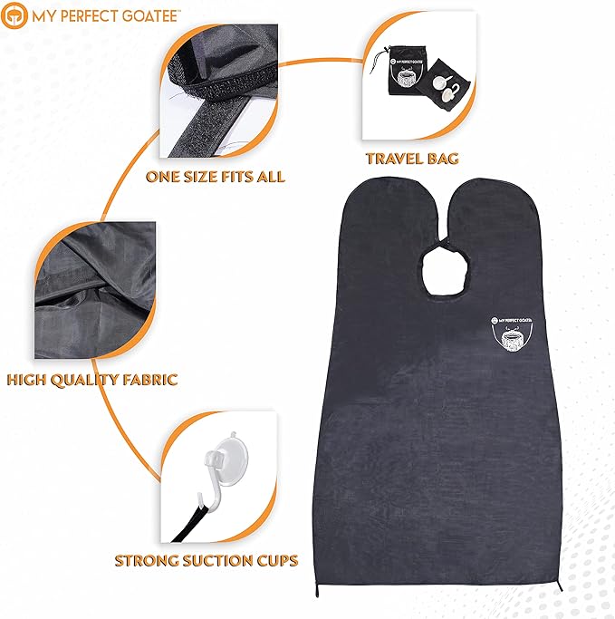 My Perfect Goatee Beard Bib Apron for Men - Hair Clippings Catcher for Shaving - Attaches to Mirror with Suction Cups - Waterproof Cape with Storage Pouch - Adjustable Neck Strap