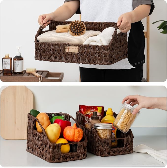 GRANNY SAYS Wicker Storage Basket for Shelves, Wicker Basket with Handles, Trapezoid Woven Baskets for Storage, Decorative Baskets for Home Decor, Brown, 3 Pack