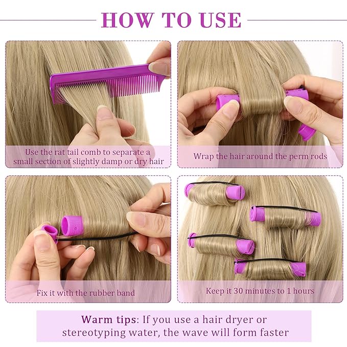 WILLBOND 36 Pieces Cold Wave Rod Hair Perm Rods Hair Rollers Perming Curlers with Steel Rat Tail Comb for Hairdressing Styling