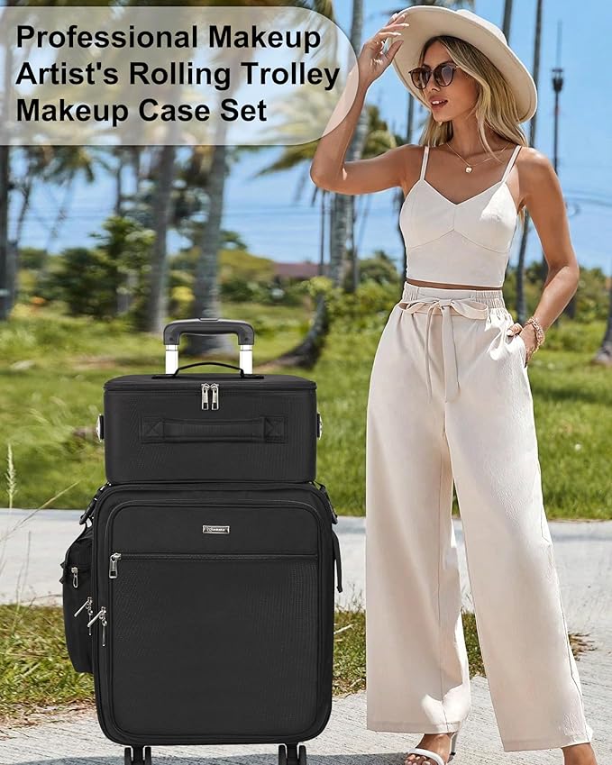 Relavel Rolling Makeup Case Professional Makeup Train Case, Makeup Artist Travel Bag with Wheels, 3-in-1 Portable Travel Beauty Trolley Case for Cosmetology Storage (Black)