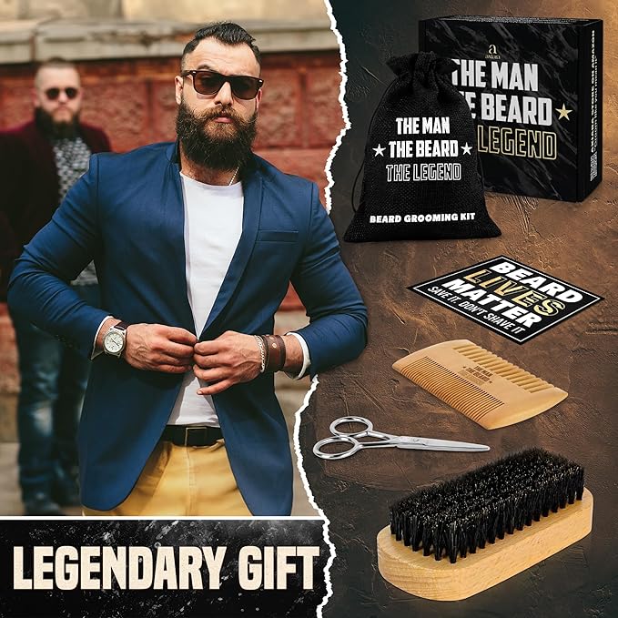 Grooming Gifts for Men - Beard Kit Grooming and Care with Brush, Comb, Scissors & Storage Bag - Anniversary Retirement Birthday Gifts for Men Dad Grandpa, Husband Birthday Gift Ideas