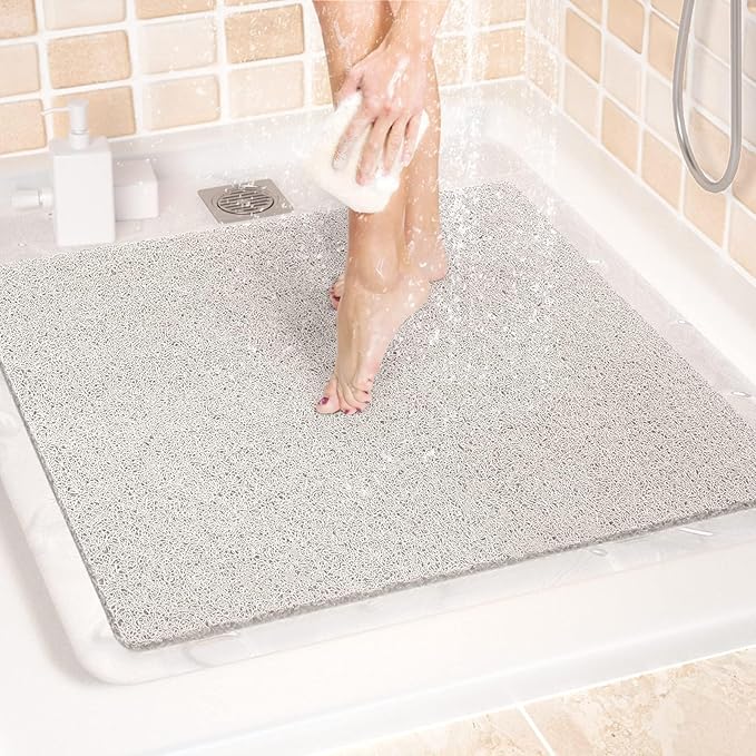 LuxStep Shower Mat Bathtub Mat,24x24 inch, Non-Slip Bath Mat with Drain, Quick Drying PVC Loofah Bathmat for Tub,Shower,Bathroom (Phthalate Free,White)