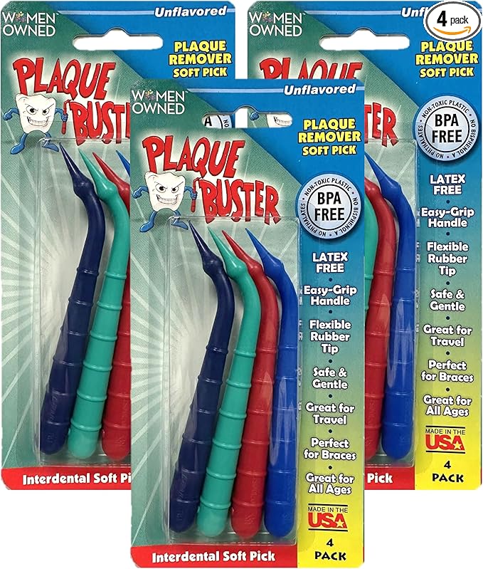 Plaque Buster (12 Count) Soft Interdental Pick, Gum Stimulator & Plaque Remover, Made in USA, for Oral Health and Healthy Gums, Multi-Colored