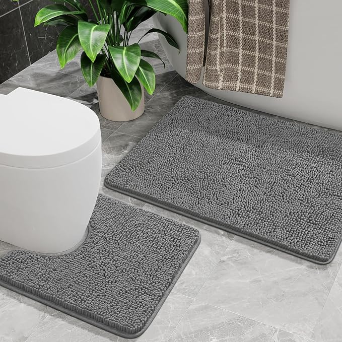 AROGAN Bathroom Rug Sets 2 Piece, 20"x20" U-Shaped Toilet Mat and 21"×34" Bath Mats Bathroom Floor Set, Machine Washable Bath Rug Set, Absorbent and Dry Quickly, Soft Non Slip Rug, Grey