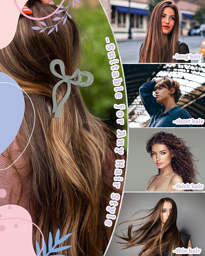 4 PCS Bow Hair Clips Bow Claw Clip for Women Nonslip Large Hair Claw Clips for Thin and Thick Hair Strong Hold Hair Bows (Purple+Rose red+Orange+Light brown)