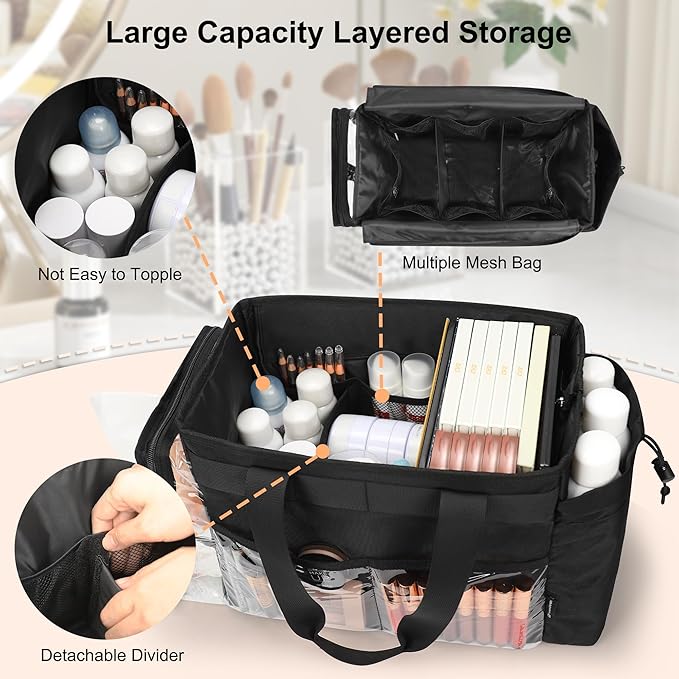 TANTO Extra Large Makeup Bag, Makeup Artist Kit Bag with Divider Professional Cosmetic Bag Organizer Hair Stylist Organizer Bag Mobile Pro Makeup Storage Case Duffle Tote Bag for Makeup Beauty Lover