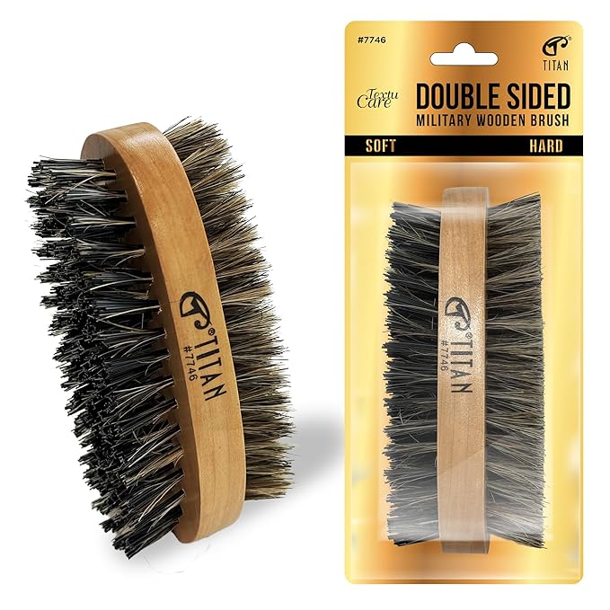TITAN Double Sided Military Hair Brush – Soft & Hard Boar Bristle Wave Brush for Men – Dual-Sided Palm Brush with Wooden Handle for 360 Waves, Beard, and Hair Grooming