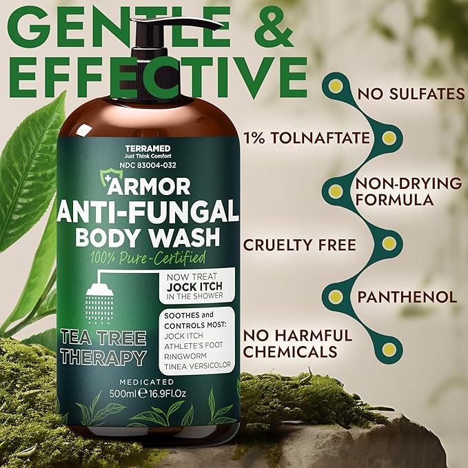 Antifungal Body Wash with Tea Tree Oil | Antifungal Soap for Back Acne,Treats Ringworm, Eczema & Jock Itch | Antifungal Body Soap For Men And Women | Includes Silicon Scrubber (16.9 oz)