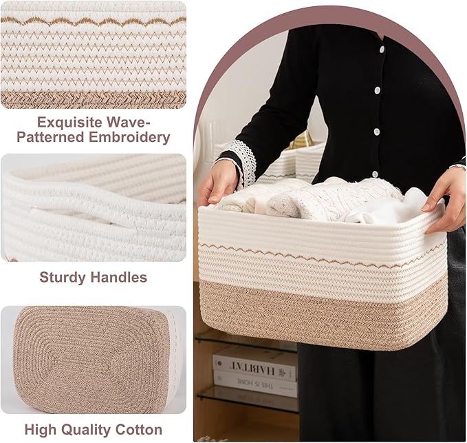 4 Pack Storage Baskets for Organizing, 15.75''x11.8''x7.87'', Decorative Cotton Rope Baskets for Shelves, Small Woven Basket for Toys, Books and Towels, Brown&White