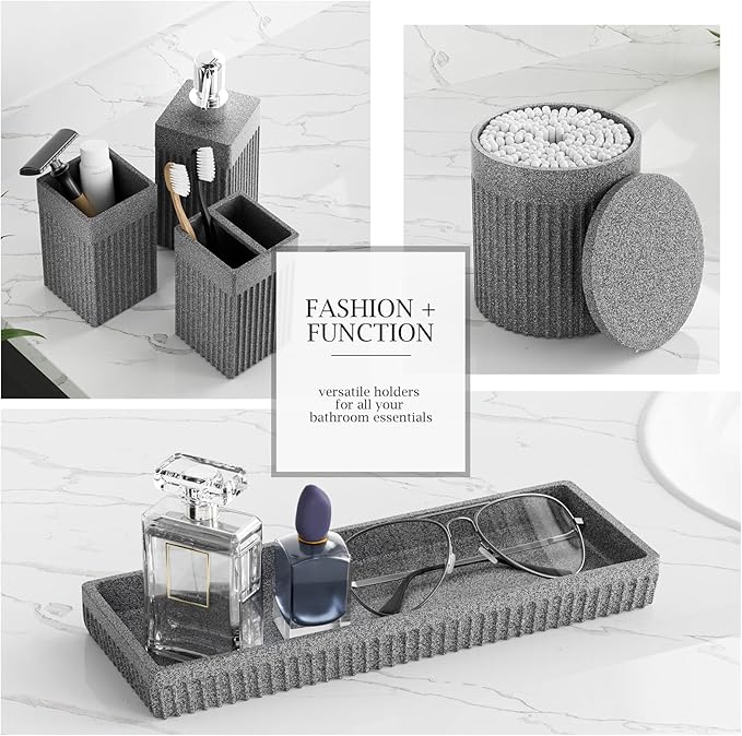 6-Piece Bathroom Set Grey - Stone Textured Resin Bathroom Organizer with Soap Dispenser, Toothbrush Holder, Vanity Tray, Tumbler & Cotton Swab Jars for Small Spaces