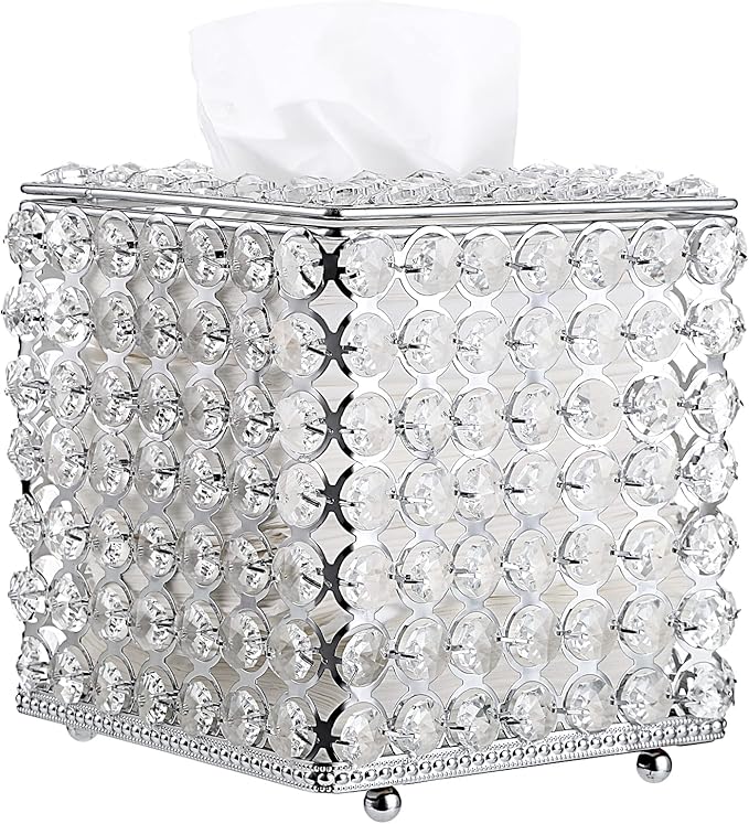 Sumnacon Crystal Square Tissue Box Cover - Decorative Tissue Box Holder, Sparkling Cube Tissue Holder for Bathroom Dresser Night Stand Table Car Store Office Home Decor, Silver