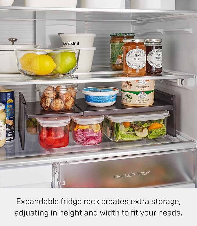 Yamazaki Home Tower Adjustable Extendable Refrigerator Storage Rack - 2-Level Height Adjustable Shelf For Fridge Organization - Customizable Width, Easy Assembly, Fits 2L Bottles - Plastic -