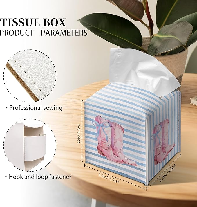 Grace Yonks Cute Tissue Box Cover Square - Pink Cowgirl Boots & Blue Bow Design 5.2" PU Leather Holder for Vanity, Desk, or Bathroom Counter - Cube Case for Facial Tissues(006)