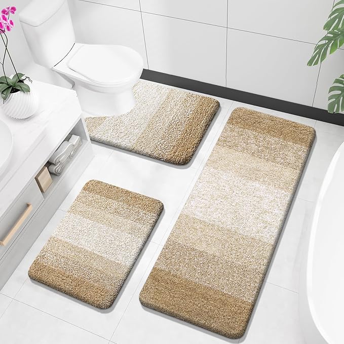 OLANLY Bathroom Rugs Sets 3 Piece, Soft Absorbent Microfiber Bath Mats and U-Shaped Contour Toilet Rug, Plush Shaggy Bath Mat Set for Bathroom (47"x20"+24"x16"+24"x20", Tan)