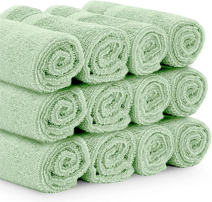 White Classic Luxury Cotton Washcloths 13x13 Inch - 650 GSM Turkish Cotton | Hotel, Spa, Bathroom Face Towel | 12 Pack, Light Green
