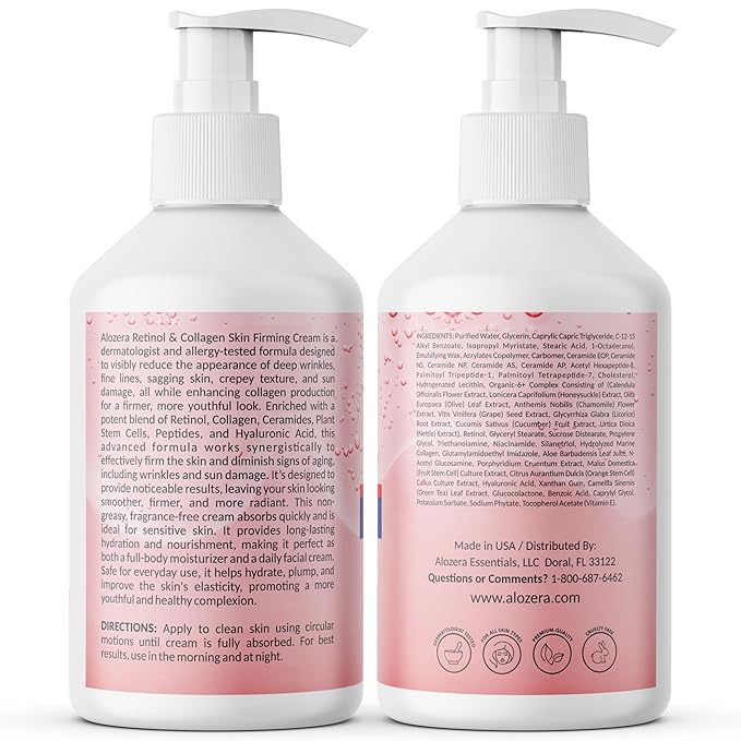 Alozera Skin Firming Retinol Collagen Face & Body Lotion with Stem Cells for Aging Skin and Wrinkles, Non-Greasy, Lightweight Moisturizer, Fragrance-Free, 16.9 oz (2-Pack)