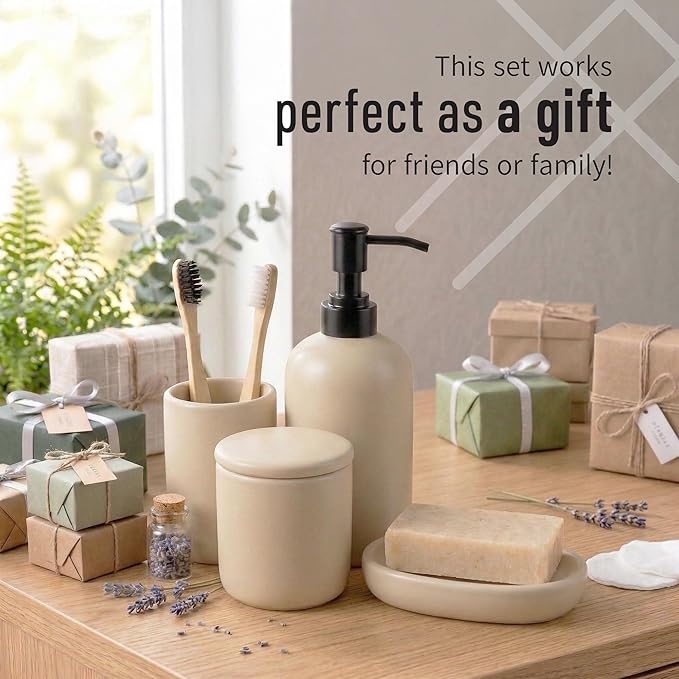 Ceramic Bathroom Accessories Set 4 Pcs – Modern Scandinavian Neutral Bathroom Soap Dispenser Set with Toothbrush Holder, Soap Dish & Cup – Minimalist Bathroom Accessory Set Decor - Cream/Light Beige