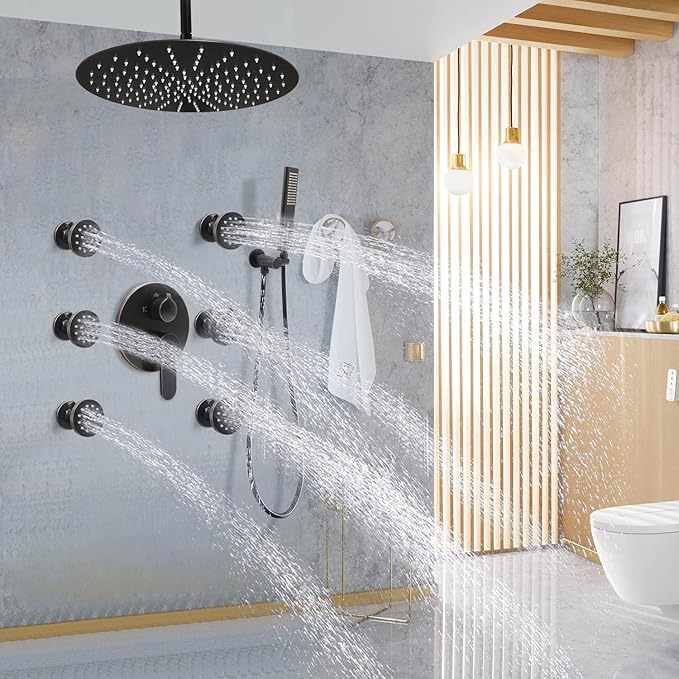 Solid Brass Shower Body Spray Jets with On Off Switch Oil Rubbed Bronze Round Shower Body Sprayer Massage Spa Wall Side Jet, Flow Can Be Controlled, Showerhead Can Swivel, 6 Pcs
