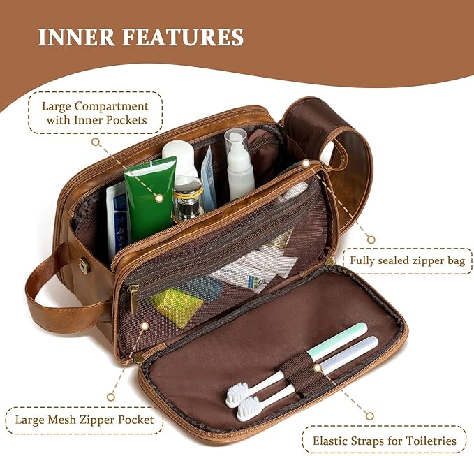 Janhavi Large Mens Travel Bag Toiletry, Gifts for Him, Personalized Engraved Initials & Mountain,Waterproof Toiletry Bag For Shower Caddy, Makeup Organizer Travel Bag, Men's Accessories Case(Brown F)