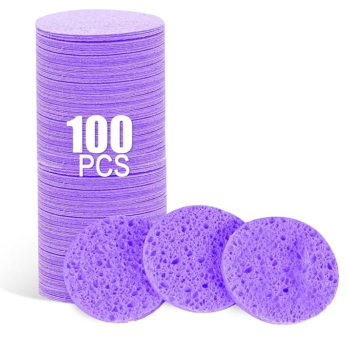 100-Count Facial Sponges Compressed Natural Cellulose Sponge Round Shape Face Sponge for Face Cleansing Exfoliating and Makeup Removal, Purple