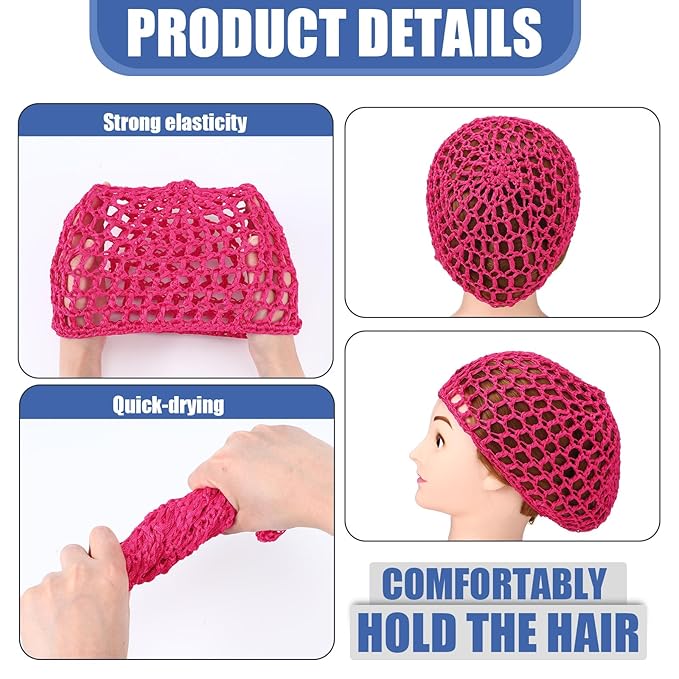 Geyoga 4 Pieces Mesh Crochet Hair Net Rayon Knit Snood Hat Thick Short Women Hairnet Snoods Cover Ornament for Sleeping (Royal Blue, Sky Blue, Rose Red,Pink)