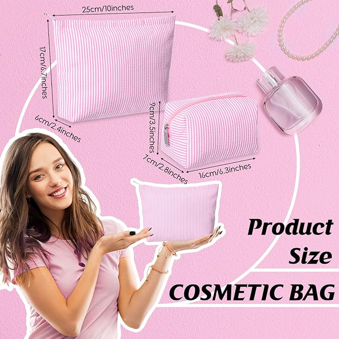 2 Pcs Makeup Bag Set Cute Cosmetic Pouch for Women Seersucker Travel Toiletry Bag Preppy Small Makeup Purse Pouch Aesthetic Skincare Brushes Storage Organizer for Valentine Women(Pink)