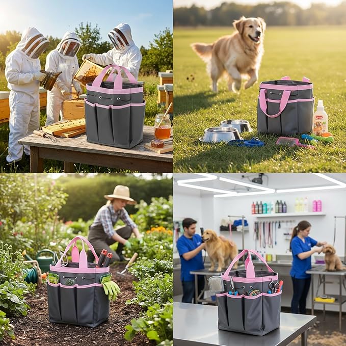 Abbylike Grooming Tote Bag for Horses and Dogs Organize Tack Tools Equestrian Grooming Kit Care Portable with Multiple Pockets for Supplies(Vintage,15 x 12 x 5.5 Inch,Grey and Pink)