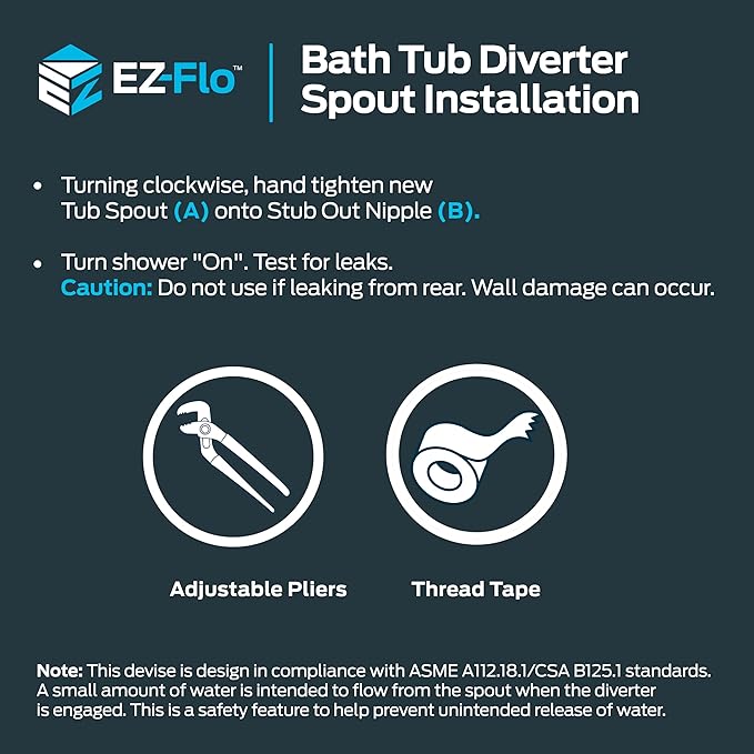 EZ-FLO 5 Inch Zinc Bath Tub Diverter Spout, 1/2 Inch IPS Pipe, Brushed Nickel, 15080