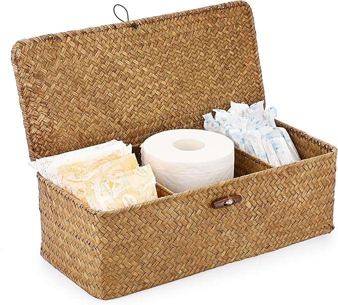 Sumnacon Small Woven Basket for Shelf, Wicker Shelves Storage Baskets with Sections Seagrass Storage Bin with Lid for Tampon Toiletry Rectangular Storage Basket for Bathroom Table Desk Caramel