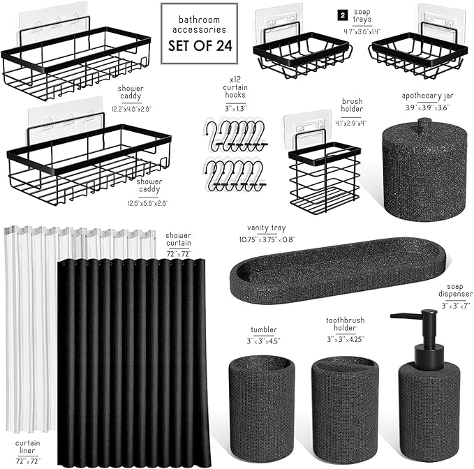 Clara Clark Bathroom Set - Coal Black Bathroom Accessories Set, 24PC Bathroom Accessory Set, Bathroom Sets with Shower Curtain Set, Adhesive Corner Shower Caddy Hanging & Soap Dispenser
