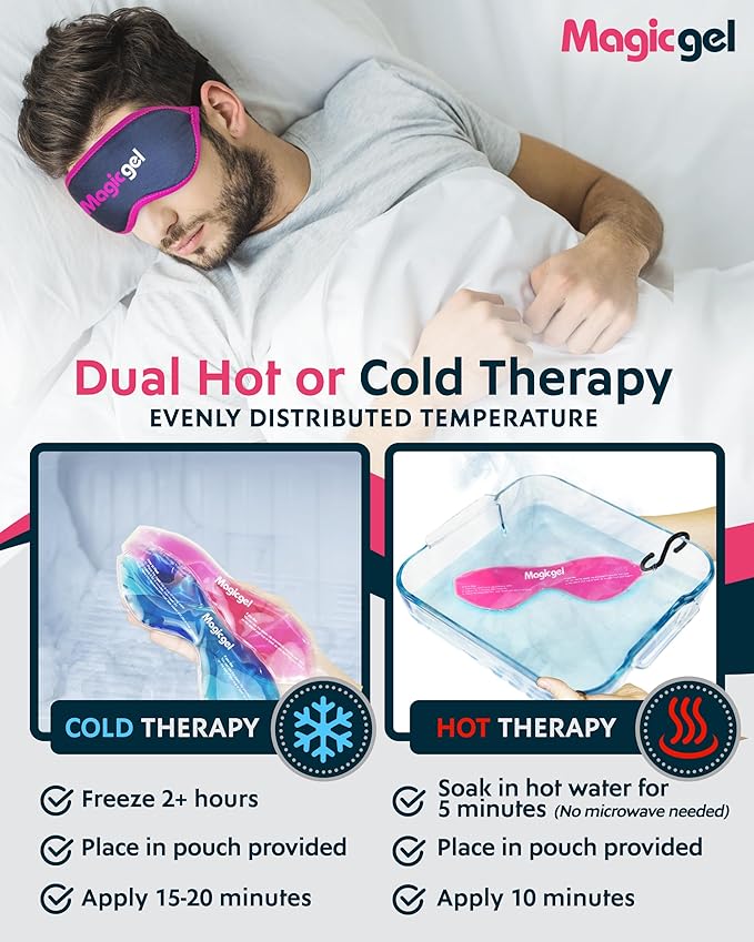Magic Gel Eye Mask Cold Pack | 2 Pack Cooling Eye Mask for Sleeping | Reuable Cold Eye Mask & Hot Eye Compress with Adjustable Strap | Eye ice Pack for Migraine, Styes, Blepharitis, MGD & Tired Eyes