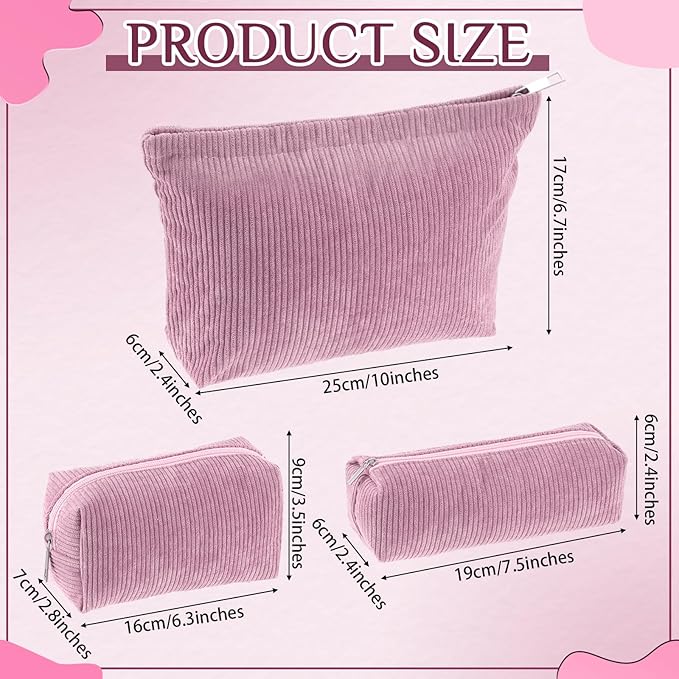 3 Pcs Makeup Bag Set for Women Corduroy Cosmetic Pouch Aesthetic Smile Travel Toiletry Bag Cute Purse Pouch Pencil Case Makeup Brushes Storage Organizer with Zipper(Rose Pink,Solid Style)